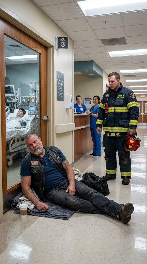 Biker Slept Outside His Son’s ICU Room for Nearly a Week — Until the Firefighter Who Saved the Boy Quietly Recognized the Man on the Floor
