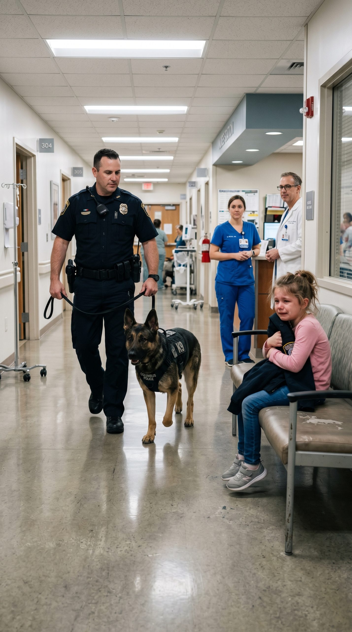 A K9 Dog Suddenly Broke Free in a Hospital Hallway After Seeing a Little Girl Holding an Officer’s Jacket — Until Everyone Realized Who She Was Waiting For