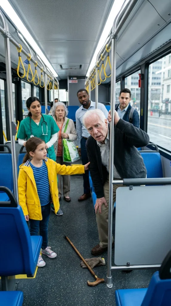 “You can take my seat,” the little girl said to the trembling old man, while his bodyguards quietly watched from the back.