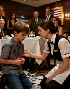 ‘Don’t Touch Me!’ — The Boy Screamed as the Entire Luxury Restaurant Froze, Until a Struggling Waitress Knelt in the Shattered Silence and Changed Everything a Powerful Father Couldn’t Control