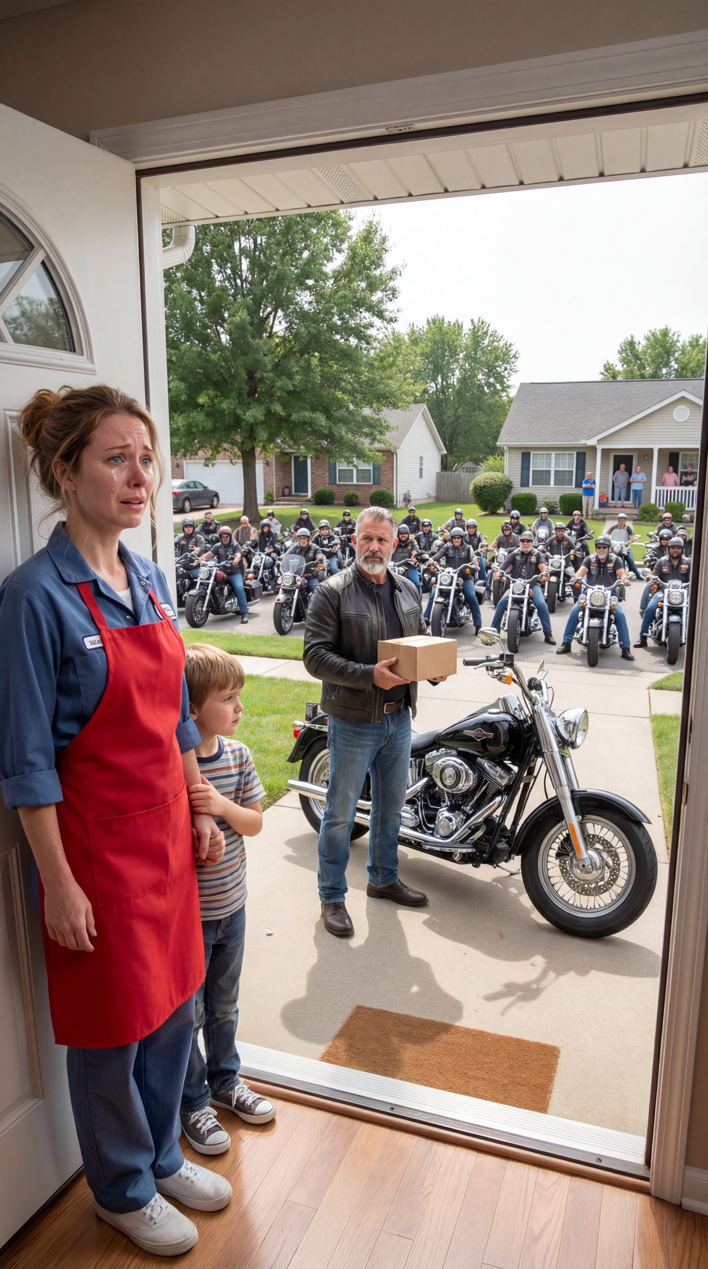 An Elderly Woman Sat Down Among Six Road-Worn Bikers Pretending They Were Her Sons for One Afternoon — Unaware That When the Man Came to Take Her House, His Carefully Planned Move Would Fall Apart in Seconds
