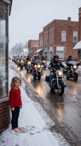A Six-Year-Old Girl Stood Barefoot in the Snow Outside a Lonely Highway Store Waiting Exactly Where Her Mother Told Her Not to Move — Until a Group of Night Riders Pulled Into the Parking Lot and Realized She Had Been Standing There for Hours