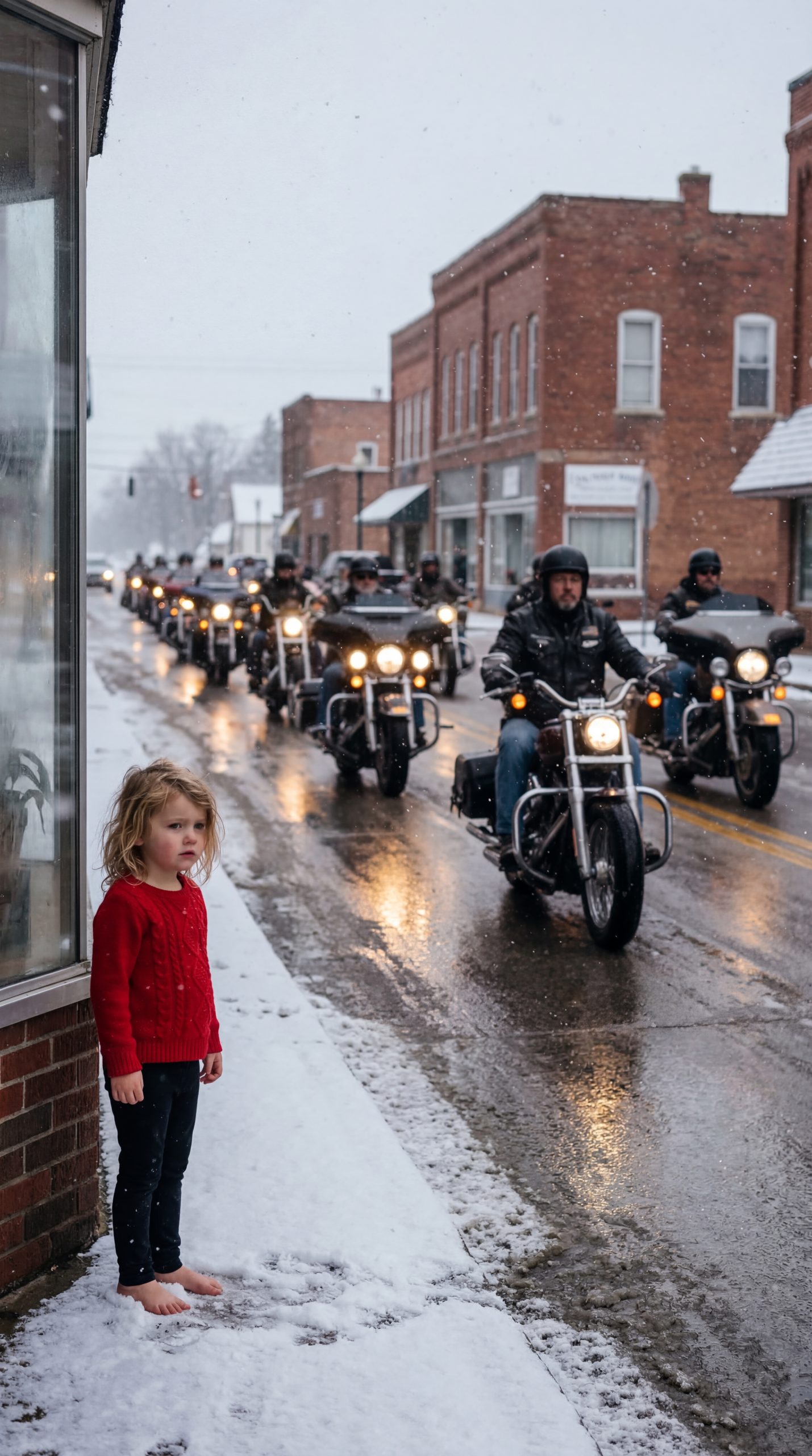 A Six-Year-Old Girl Stood Barefoot in the Snow Outside a Lonely Highway Store Waiting Exactly Where Her Mother Told Her Not to Move — Until a Group of Night Riders Pulled Into the Parking Lot and Realized She Had Been Standing There for Hours