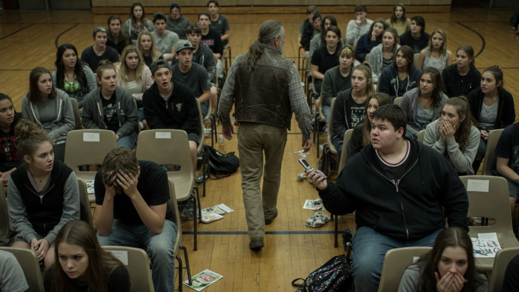 A Cruel 15-Year-Old Bully Ripped A Deaf Boy’s Hearing Aid Out Inside A Packed School Auditorium.But He Didn’t Realize The Biker On Stage Was Watching His Every Move. What Happened Next Left The Entire Town Speechless.
