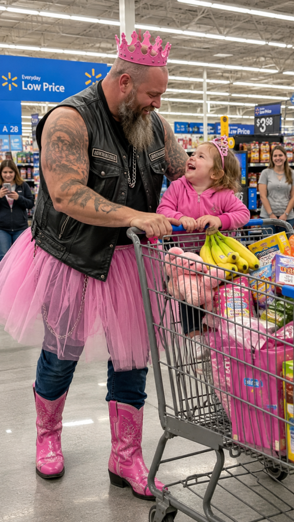 People Laughed When a 6-Foot-6 Biker Walked Into Walmart Wearing a Princess Crown, Pink Boots, and 78 Ridiculous Outfits Chosen by His Little Daughter — But When They Discovered the Reason Behind It All, the Entire Store Was Moved to Tears