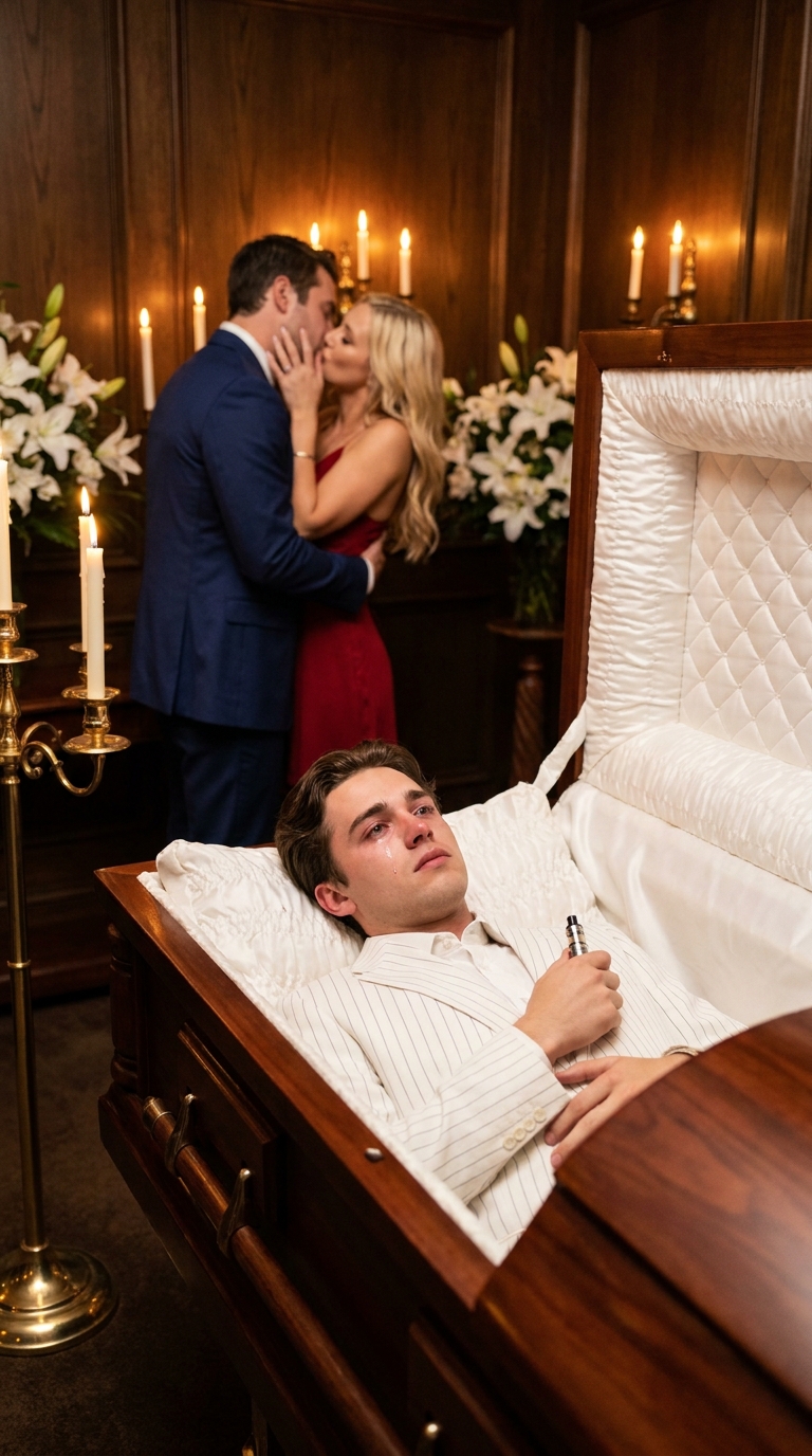 At my funeral, paralyzed inside my coffin, I caught my wife and my private doctor kissing and planning to cremate me alive. The furnace roared. I had minutes left. They thought they’d won. Suddenly, my brother burst in, clutching something salvaged from my mansion’s trash. He roared a single sentence, and my “grieving” wife went dead pale.