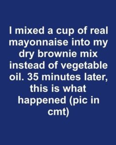 I mixed a cup of real mayonnaise into my dry brownie mix instead of vegetable oil. 35 minutes later, this is what happened