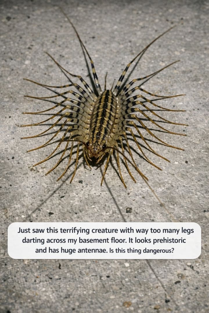 Just saw this terrifying creature with way too many legs darting across my basement floor. It looks prehistoric and has huge antennae. Is this thing dangerous?