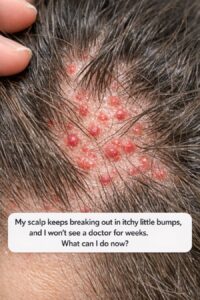 My scalp keeps breaking out in itchy little bumps, and I won’t see a doctor for weeks. What can I do now?