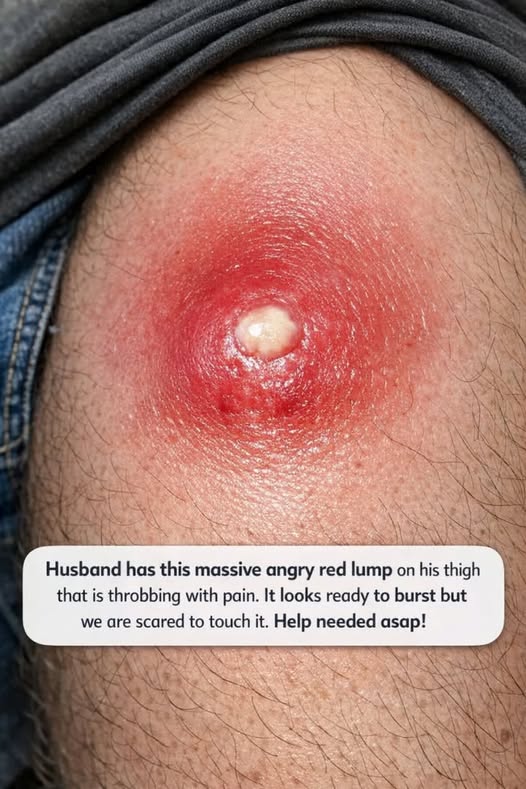 Husband has this massive angry red lump on his thigh that is throbbing with pain. It looks ready to burst but we are scared to touch it. Help needed asap!