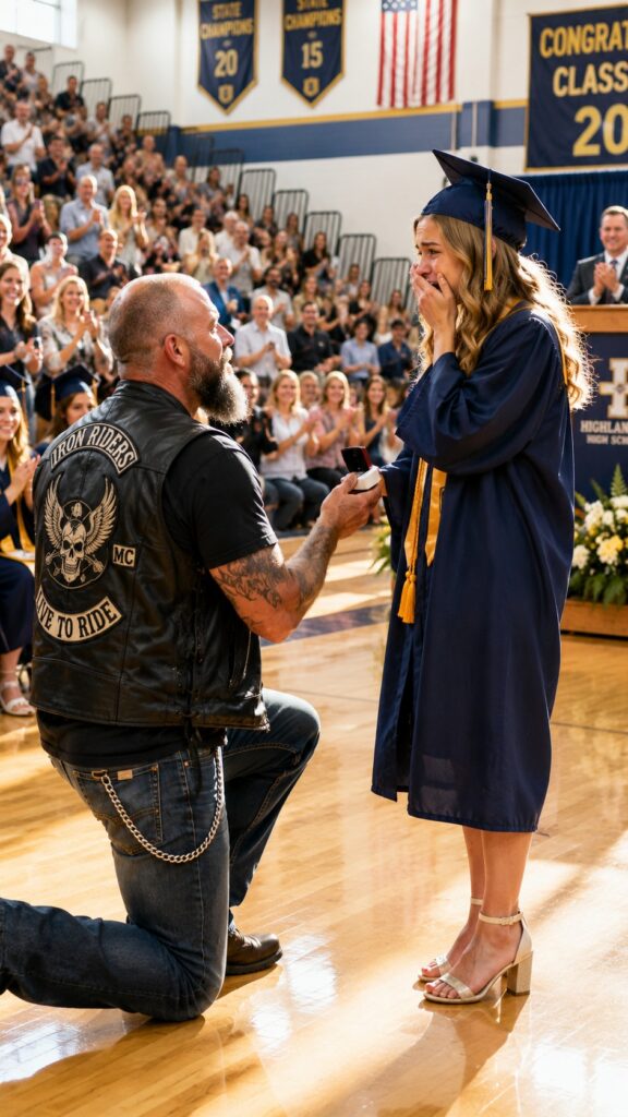 A Biker Appeared Uninvited at His Daughter’s Graduation After Ten Years Apart and Said, “I’ll Leave Right Away” — Everyone Feared the Worst, But the Only Thing He Carried Was a Promise He Had Never Broken, Unaware She Was About to Chase After Him Through Her Tears