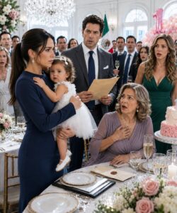 On my daughter’s first birthday, my mother-in-law raised her glass in front of the whole family and asked who the real father was because the baby had blue eyes… everyone expected to see me cry, until I took two envelopes out of my bag and laid out the truth she had planned to hide.