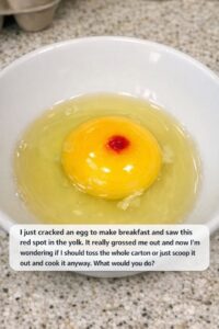 I just cracked an egg to make breakfast and saw this red spot in the yolk. It really grossed me out and now I’m wondering if I should toss the whole carton or just scoop it out and cook it anyway
