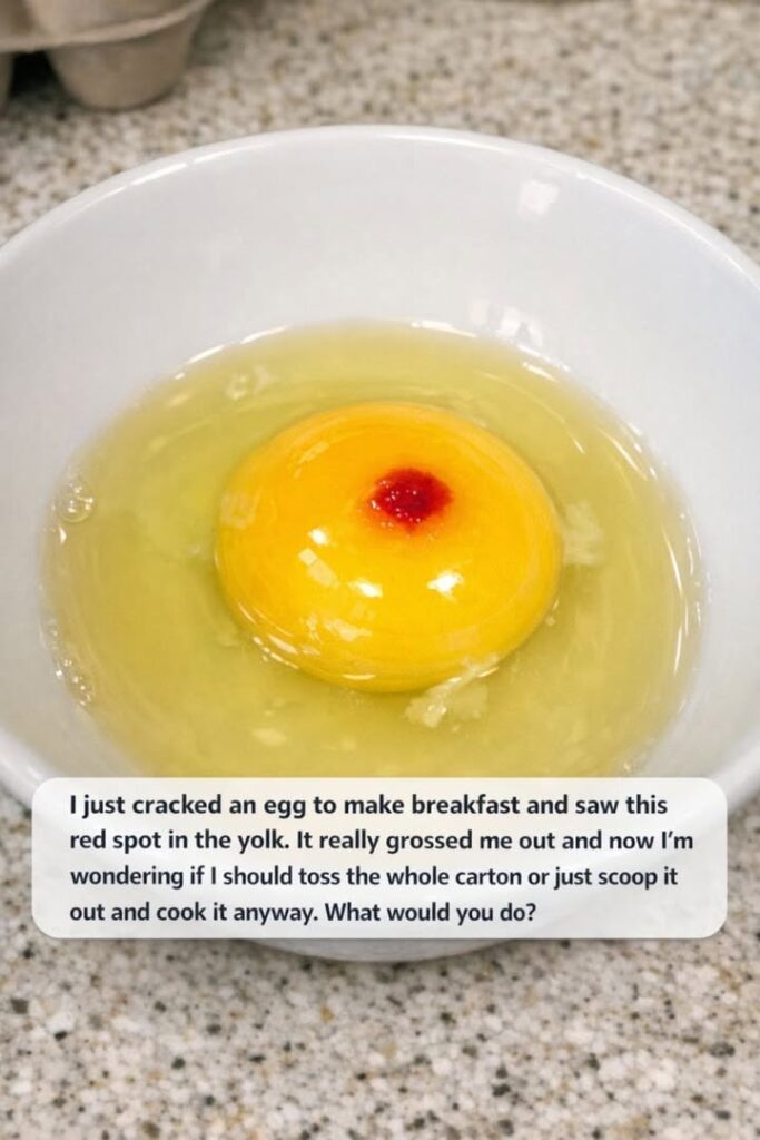 I just cracked an egg to make breakfast and saw this red spot in the yolk. It really grossed me out and now I’m wondering if I should toss the whole carton or just scoop it out and cook it anyway