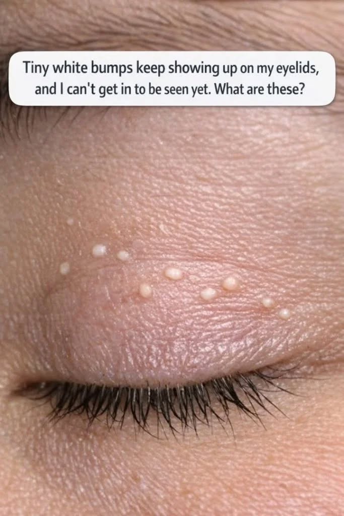 Tiny white bumps keep showing up on my eyelids, and I can’t get in to be seen yet. What are these?