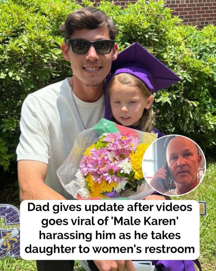 A father sparked widespread discussion after sharing a video of an aggressive confrontation that occurred while he was helping his young daughter in a women’s restroom.