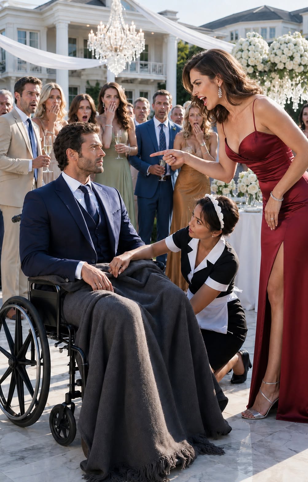 I pretended the accident had broken my bones, so I sat silently in my wheelchair and watched my fiancée laugh mockingly in front of everyone. “Look at you,” she sneered, leaning closer. “Now you’re nothing—just a useless cripple.” No one defended me. Only the maid knelt beside me,