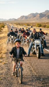 A Seven-Year-Old Boy Pedaled His Tiny Blue Bicycle for Miles to Catch a Motorcycle Club Because He Believed They Knew Where His Missing Father Was—One Forgotten Name Led to an Emotional Reunion That Changed Every Rider Forever