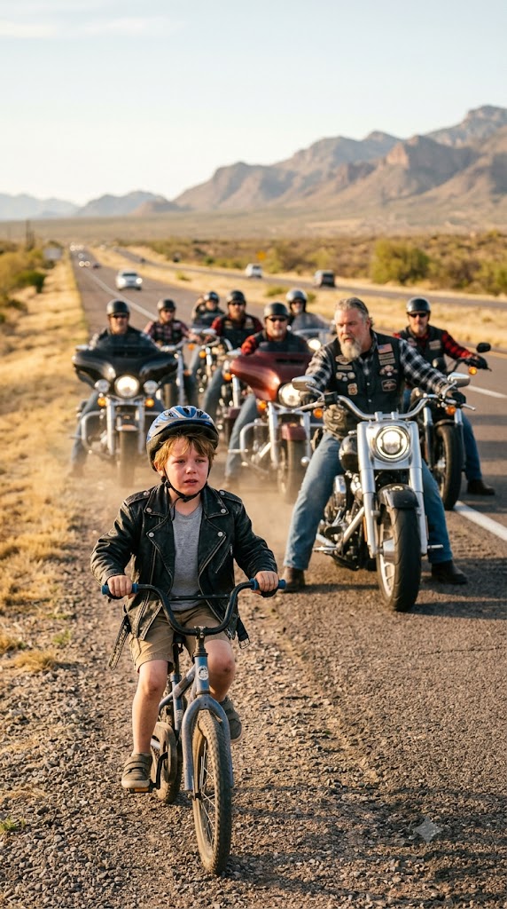 A Seven-Year-Old Boy Pedaled His Tiny Blue Bicycle for Miles to Catch a Motorcycle Club Because He Believed They Knew Where His Missing Father Was—One Forgotten Name Led to an Emotional Reunion That Changed Every Rider Forever