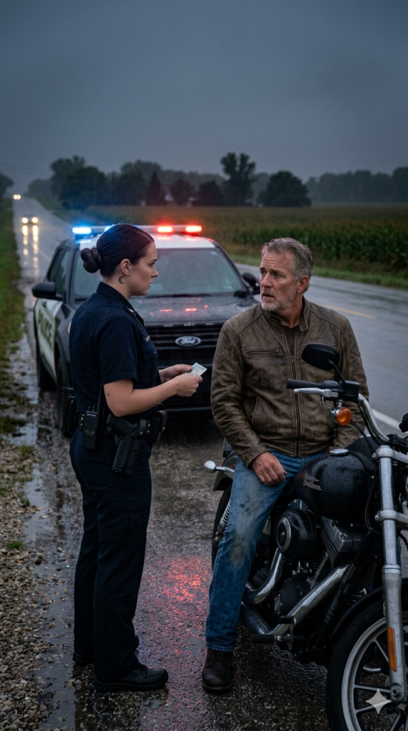 A Young Police Officer Thought She Was Checking a Routine License on a Rainy Night — But the Older Biker Looking Back at Her Could Barely Hold Back Tears When Her Eyes Suddenly Locked on the Name on His License
