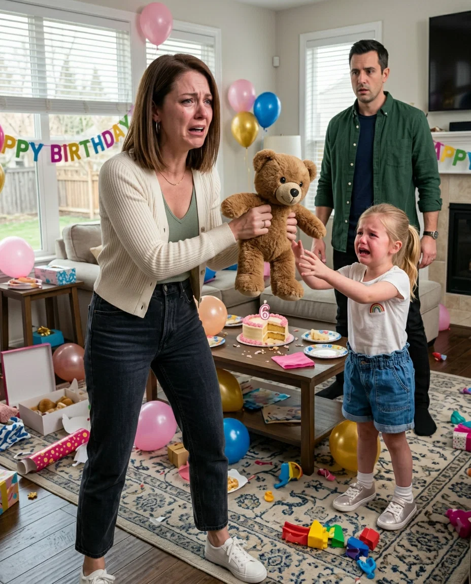My in-laws sent my 6-year-old daughter a cute brown teddy bear for her birthday. She smiled for a second, then suddenly froze and asked, “Mommy, what is it?