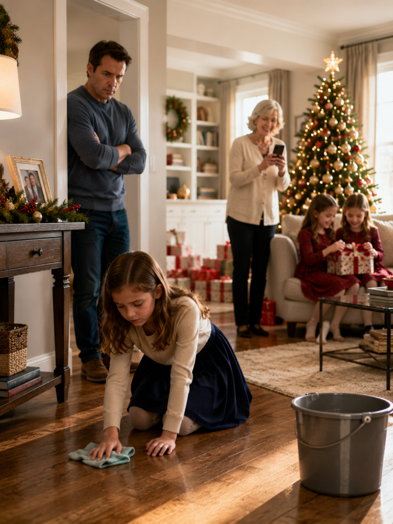 His Eight-Year-Old Adopted Daughter Was Left Out Of The Family Christmas Photo And Sent To Wash Dishes Instead—Then She Whispered, “Am I Your Real Family?”… Unaware One Hidden Recording Would Expose The Truth That Changed Everything