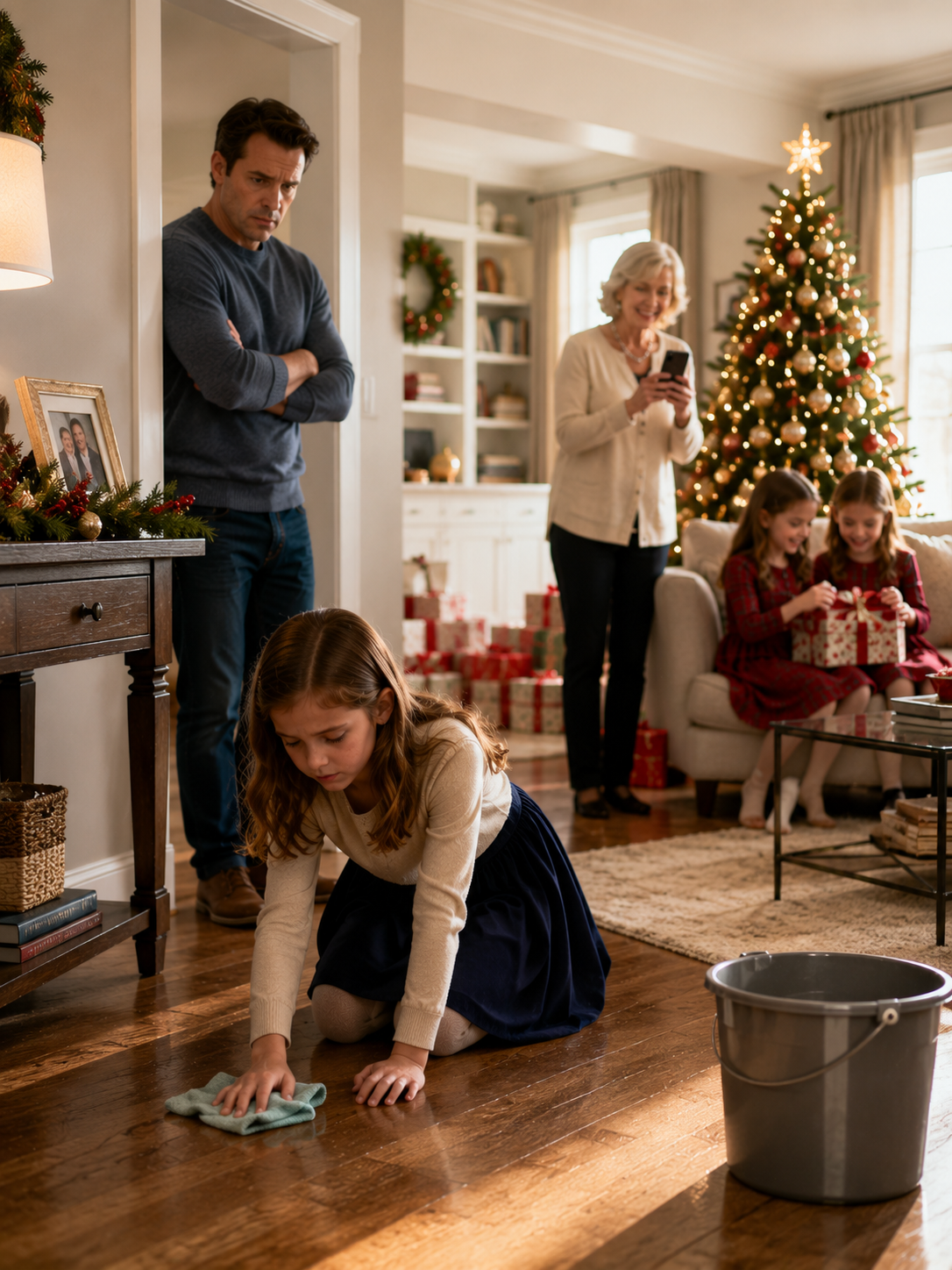 His Eight-Year-Old Adopted Daughter Was Left Out Of The Family Christmas Photo And Sent To Wash Dishes Instead—Then She Whispered, “Am I Your Real Family?”… Unaware One Hidden Recording Would Expose The Truth That Changed Everything