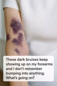 These dark bruises keep showing up on my forearms and I don’t remember bumping into anything. What’s going on?
