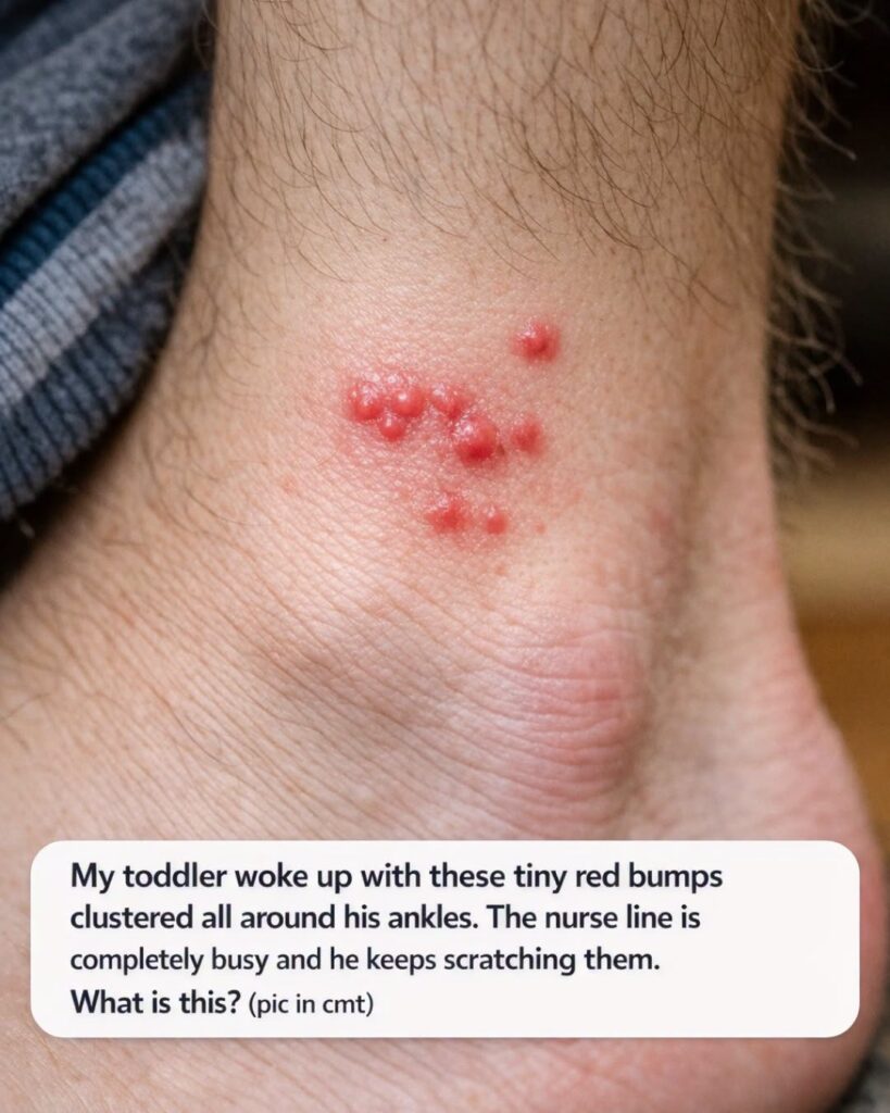 My toddler woke up with these tiny red bumps clustered all around his ankles. The nurse line is completely busy and he keeps scratching them. What is this?