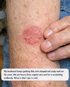 My husband keeps getting this coin shaped red scaly rash on his arms. We are hours from urgent care and he is scratching endlessly. What is this?