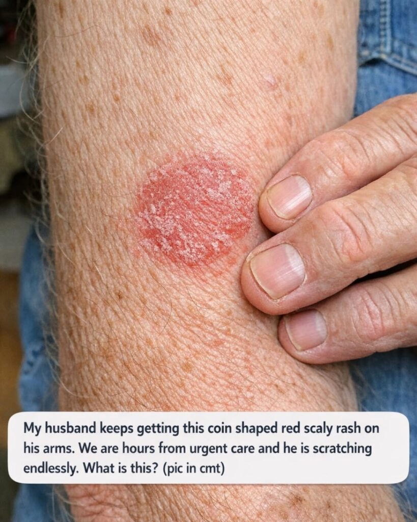 My husband keeps getting this coin shaped red scaly rash on his arms. We are hours from urgent care and he is scratching endlessly. What is this?