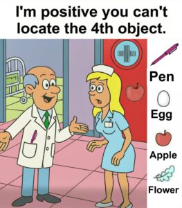 Find Pen, Egg, Apple, Flower.