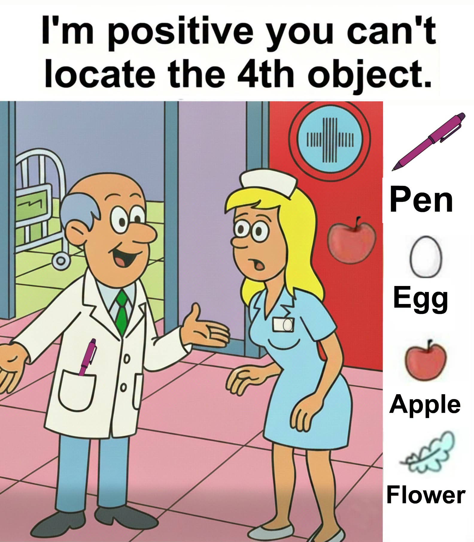 Find Pen, Egg, Apple, Flower.