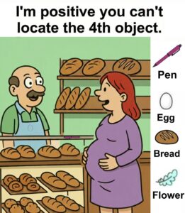 Find Pen, Egg, Bread, Flower.